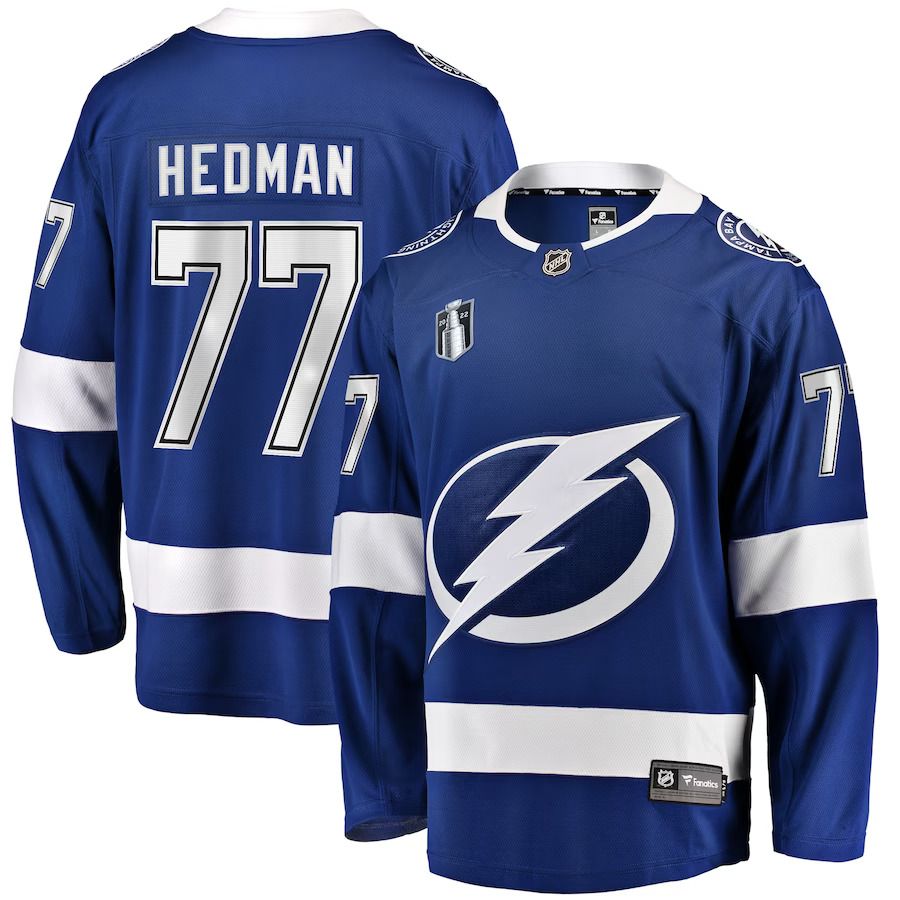 Men Tampa Bay Lightning 77 Victor Hedman Fanatics Branded Blue Home Stanley Cup Final Breakaway Player NHL Jersey